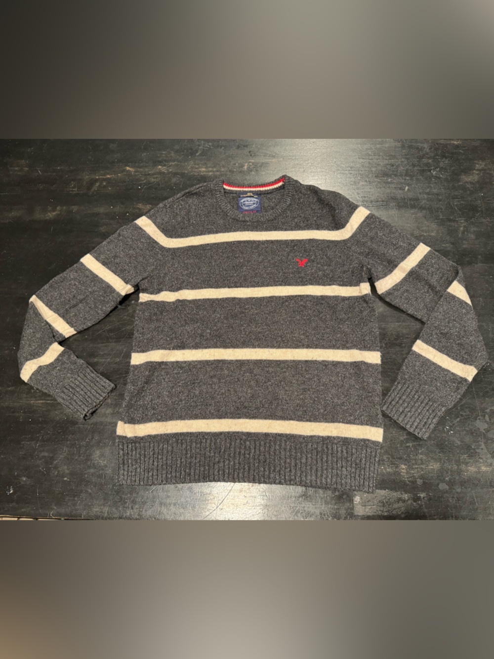 Wool Blend American Eagle Outfitters Charcoal Crewneck Sweater Cream Stripe- M